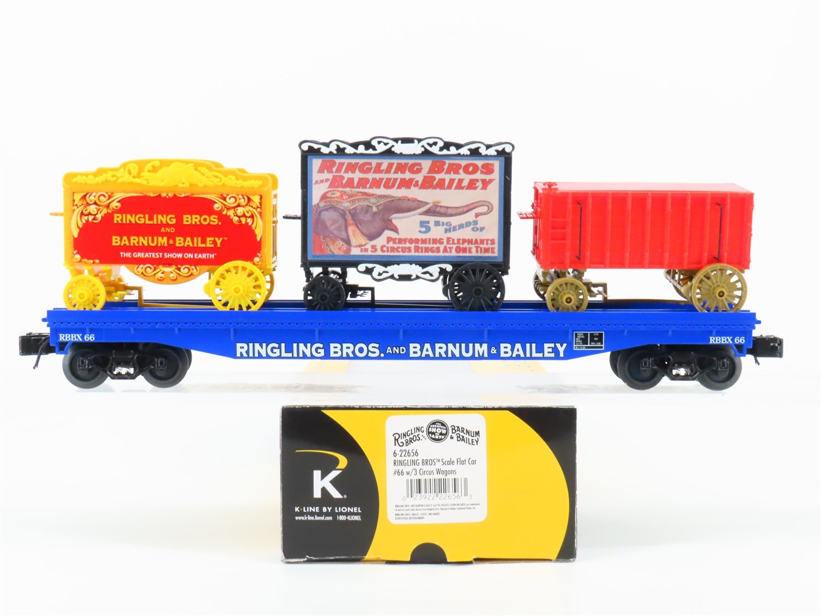 O Gauge 3-Rail K-Line 6-22656 RBBX Ringling Bros Flat Car #66 w/ 3 Circus Wagons