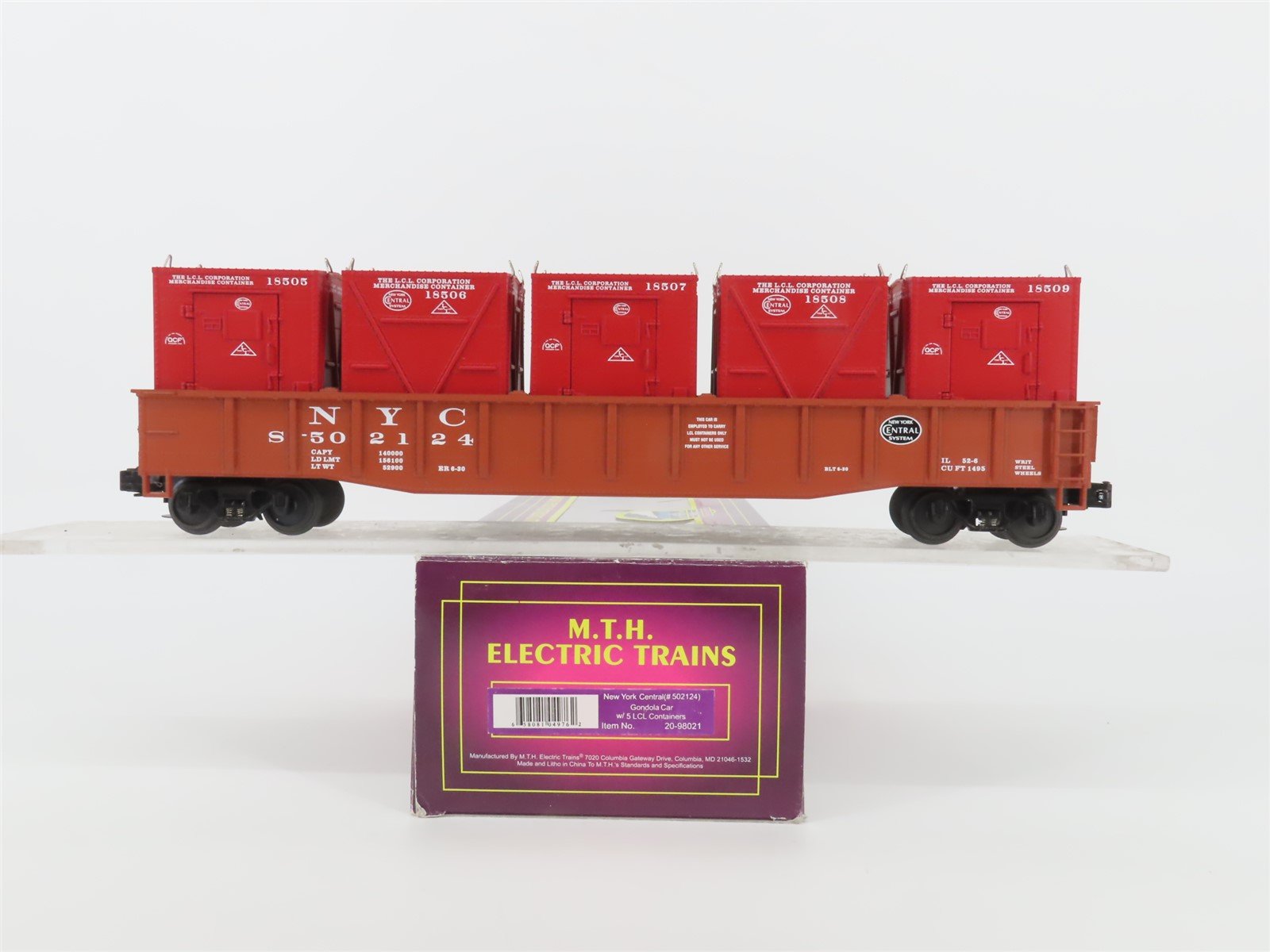O Gauge 3-Rail MTH 20-98021 NYC New York Central Gondola #502124 w/ Containers