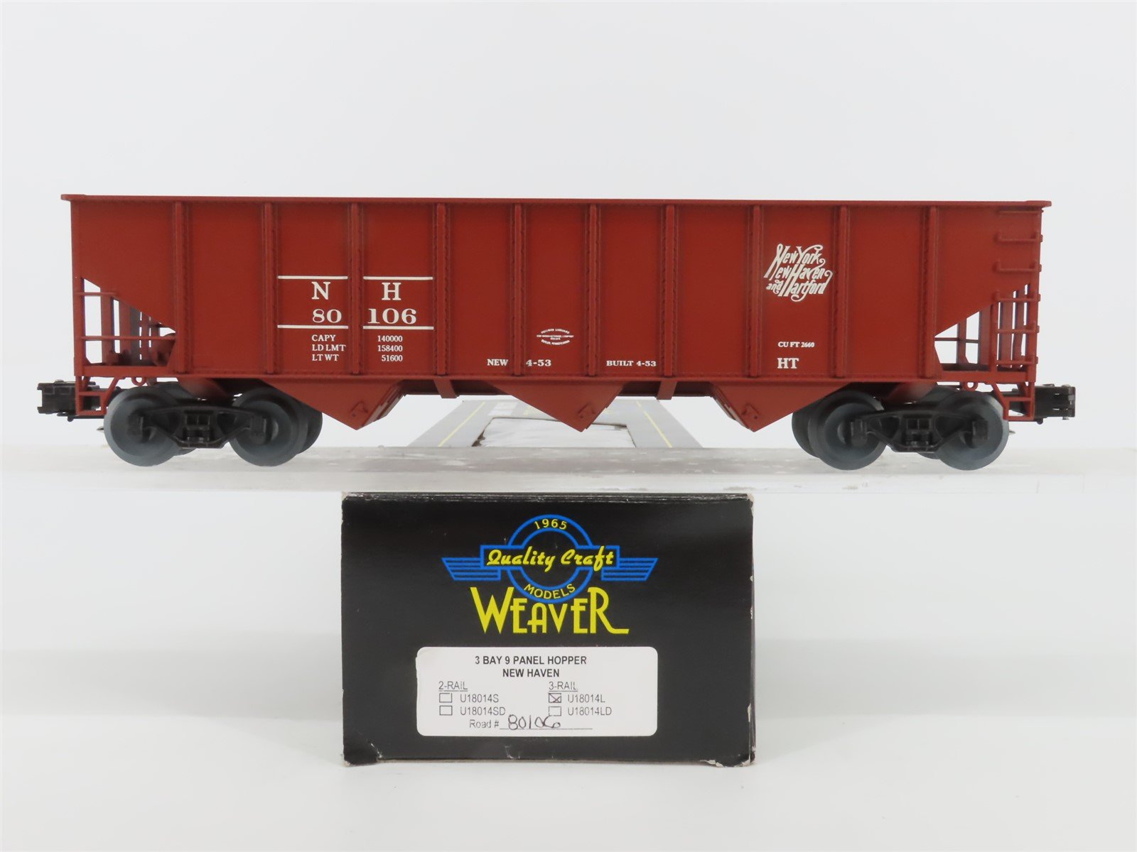 O Gauge 3-Rail Weaver Ultra Line U18014L NH New Haven 3-Bay Open Hopper #80106
