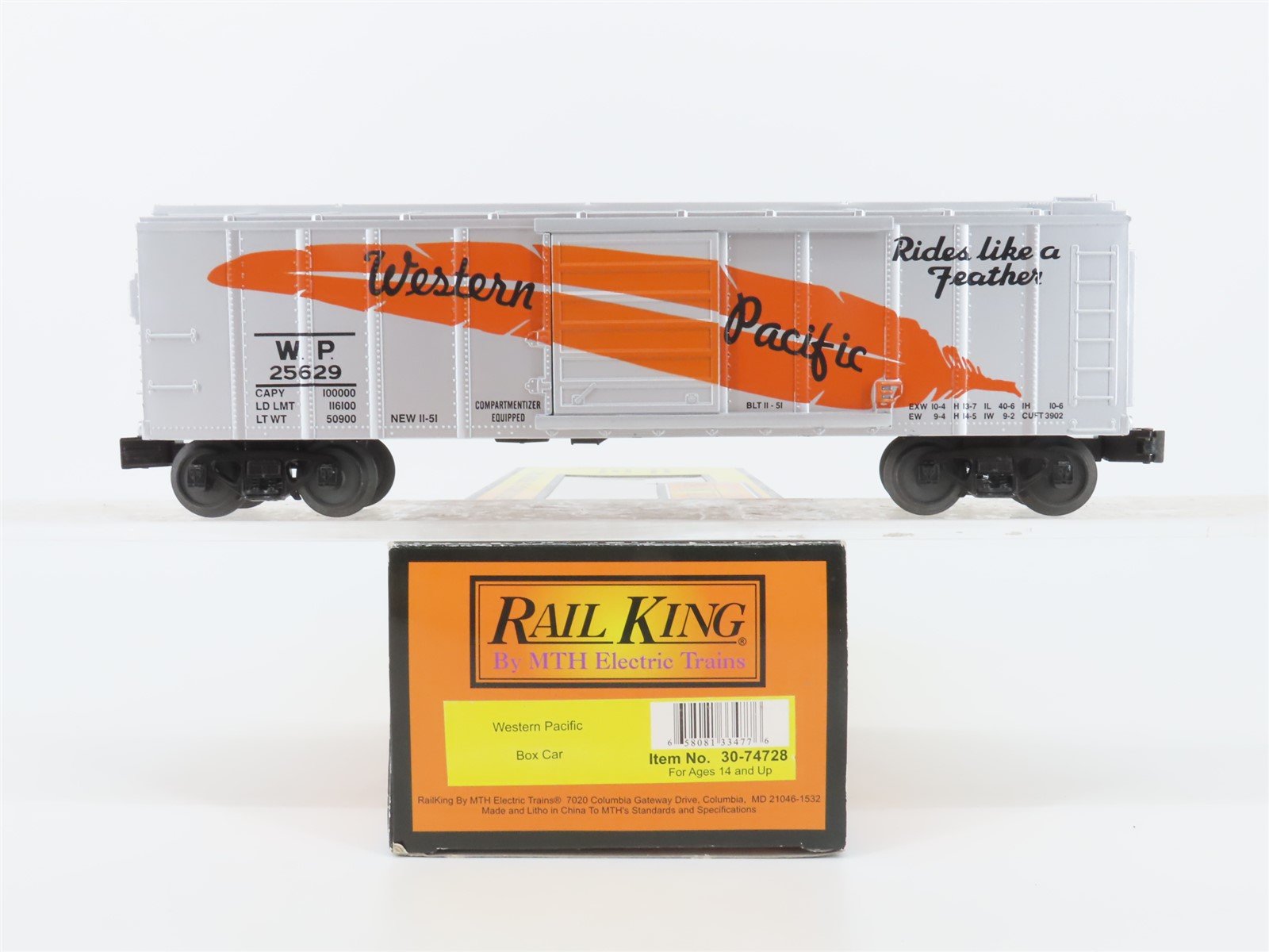 O Gauge 3-Rail MTH Rail King 30-74728 WP Western Pacific Feather Box Car #25629