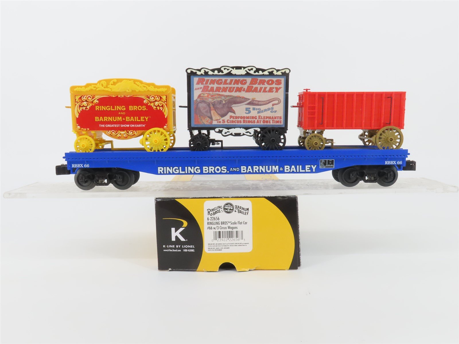 O Gauge 3-Rail K-Line 6-22656 RBBX Ringling Bros Flat Car #66 W/3 Circus Wagons
