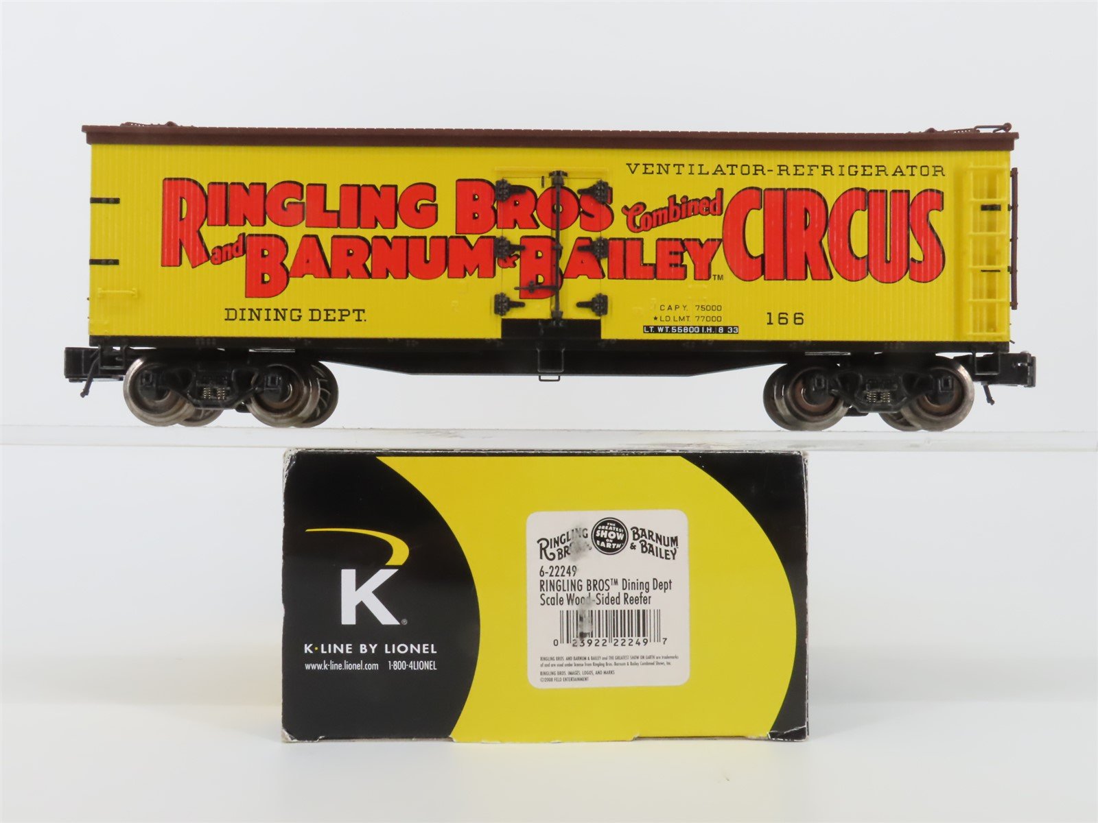 O Gauge 3-Rail K-Line 6-22249 Ringling Bros Dining Dept Wood Sided Reefer #166