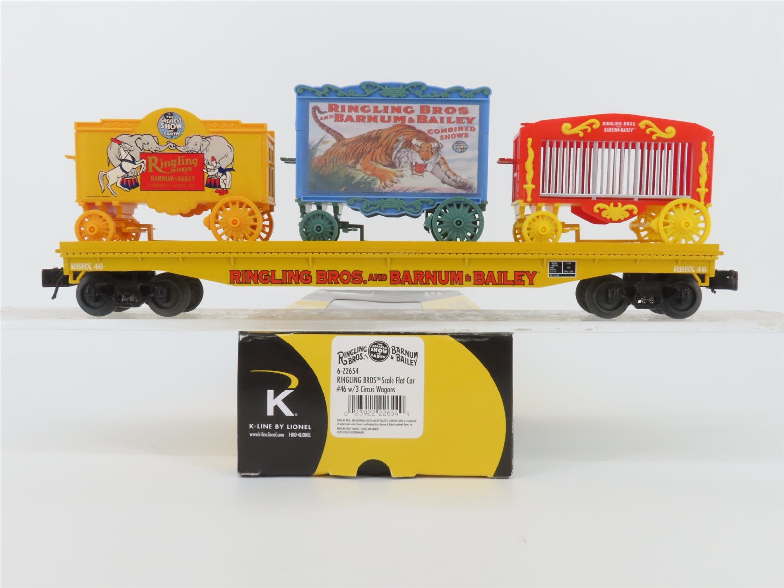 O Gauge 3-Rail K-Line 6-22654 RBBX Ringling Bros Flat Car #46 W/3 Circus Wagons