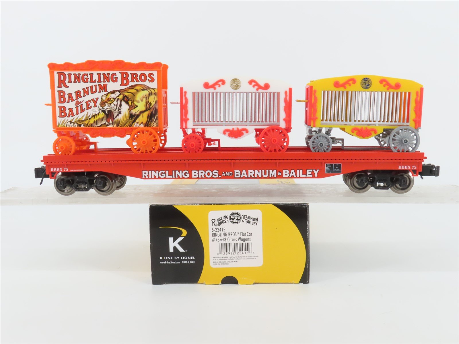 O Gauge 3-Rail K-Line 6-22415 RBBX Ringling Bros Flat Car #75 w/ 3 Circus Wagons