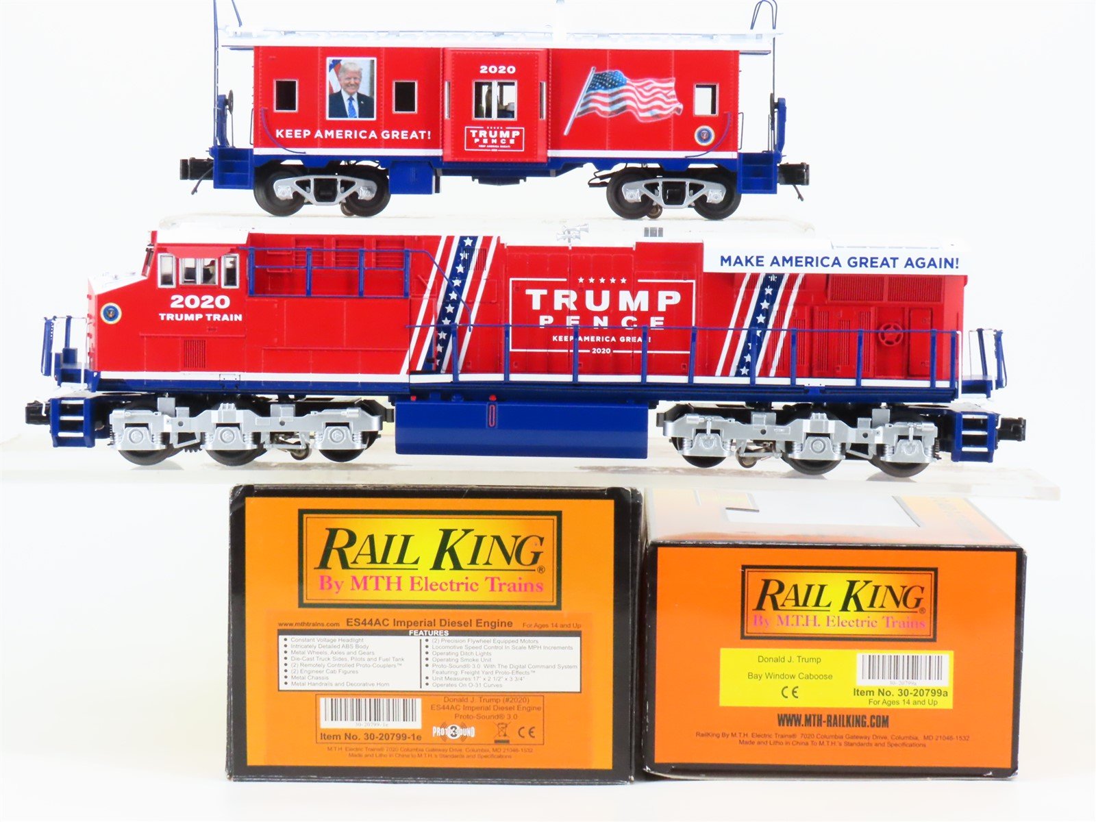O 3-Rail MTH RailKing 30-20799-1 Donald J Trump 2020 ES44AC Diesel & Caboose Set