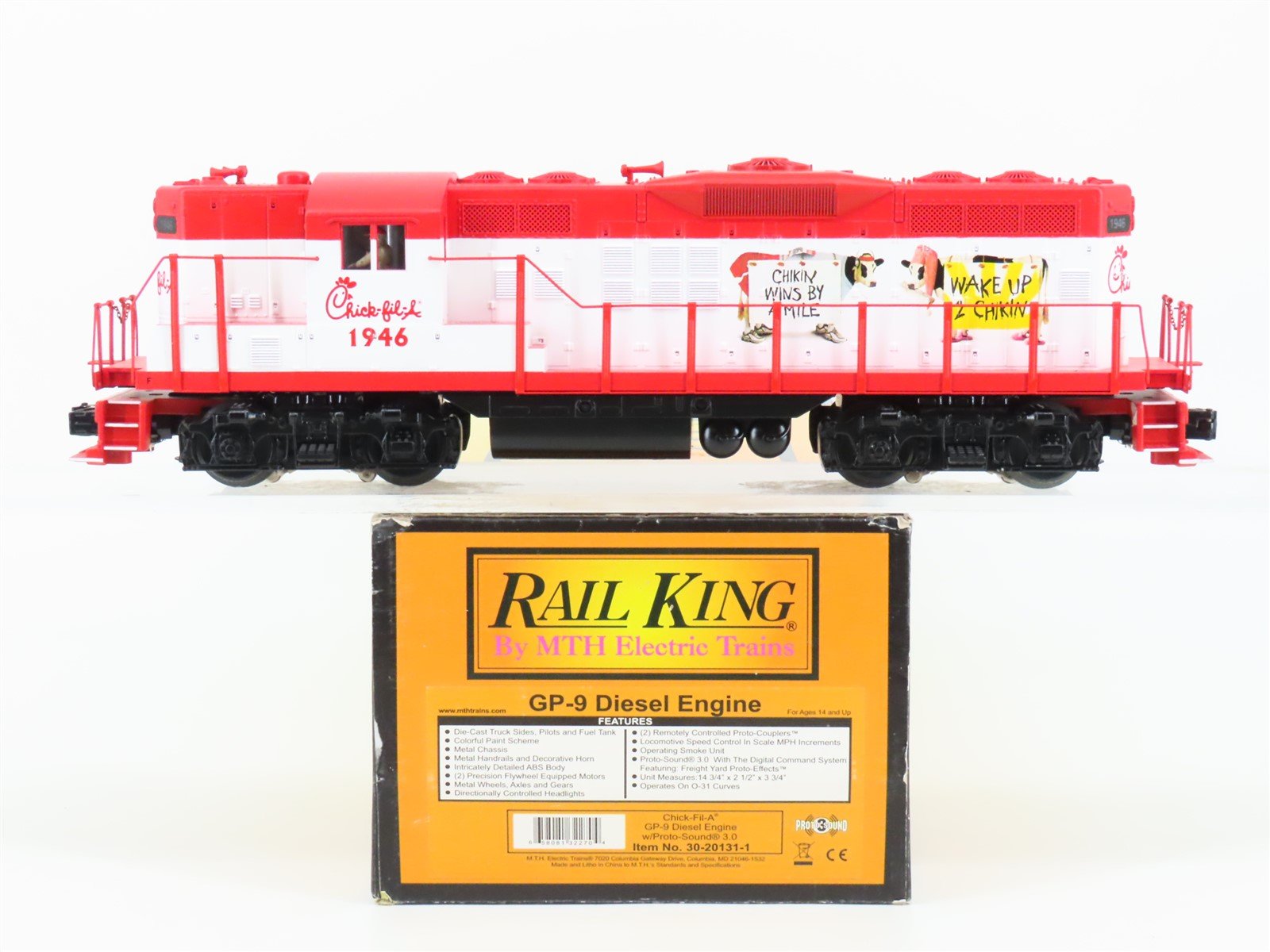 O Gauge 3-Rail MTH RailKing 30-20131-1 Chick-Fil-A GP9 Diesel #1946 Proto-Sound3