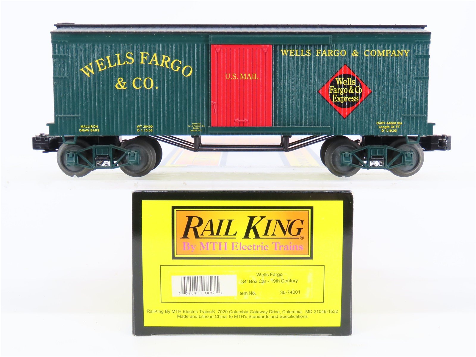O Gauge 3-Rail MTH Rail King 30-74001 Wells Fargo 34' Box Car