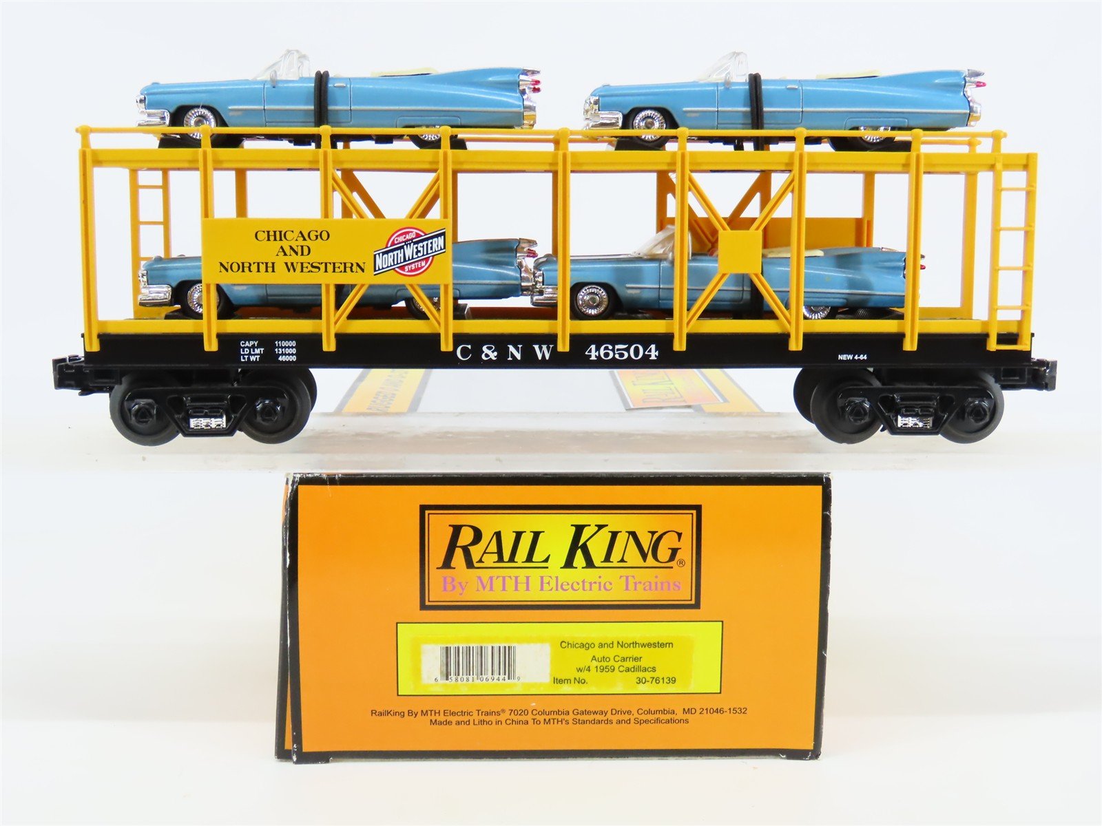 O Gauge 3-Rail MTH Rail King 30-76139 CNW Auto Carrier # 46504 w/1959 Cadillacs