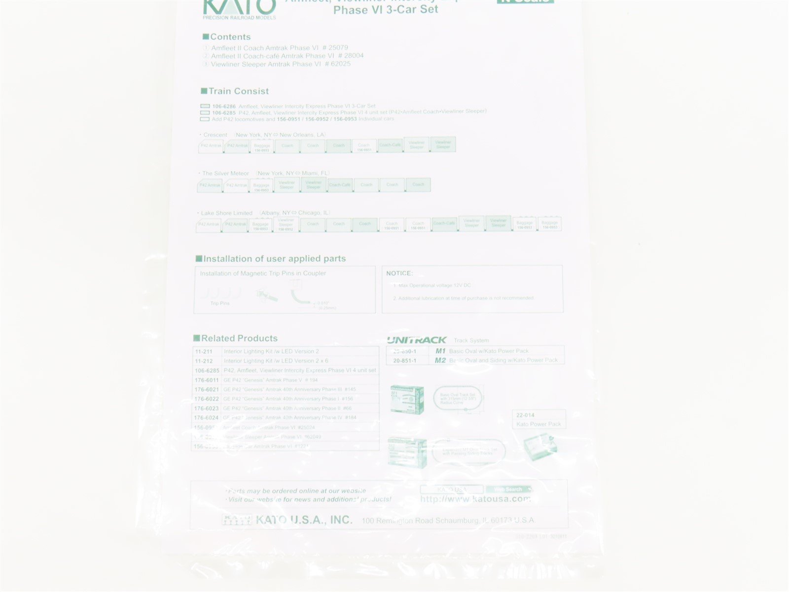 N Scale Kato 106-6286 Amfleet Viewliner Intercity Express Phase VI 3 Car Set