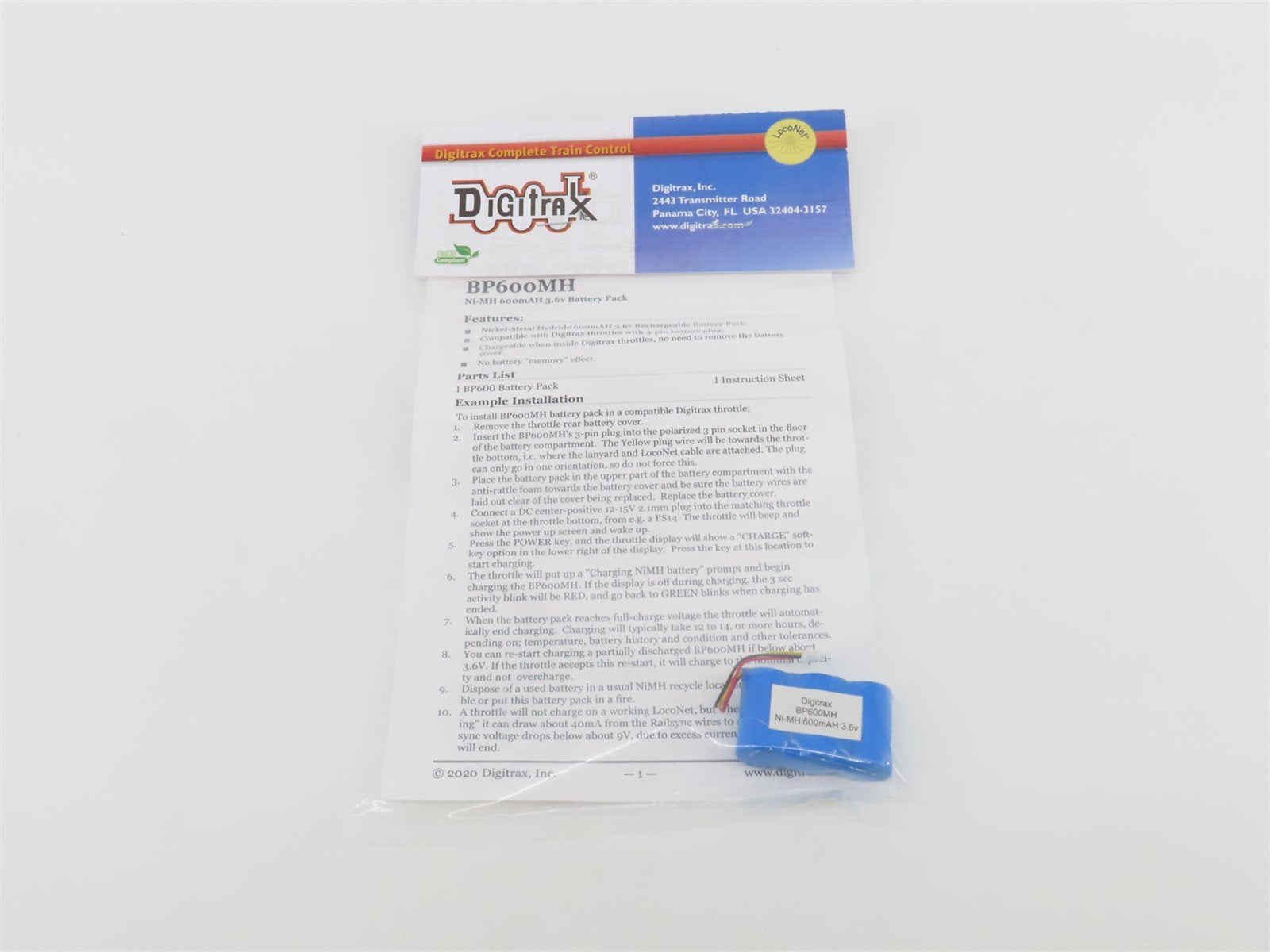 Digitrax BP600MH Ni-MH 600mAH 3.6v Rechargeable Battery Pack for Throttles