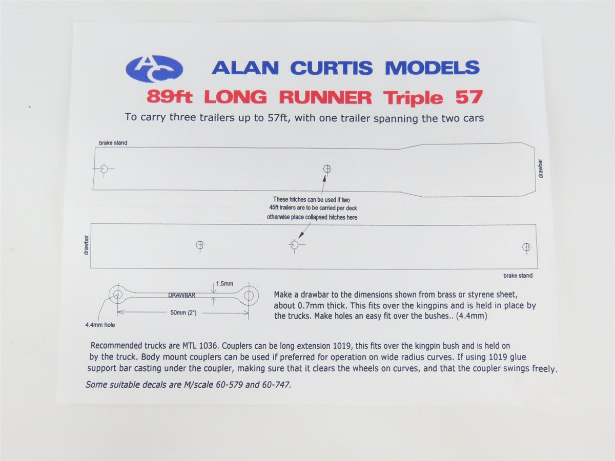 N Scale Alan Curtis Models Kit AC084 Two 89&#39; Long Runner Triple 57 Flat Cars