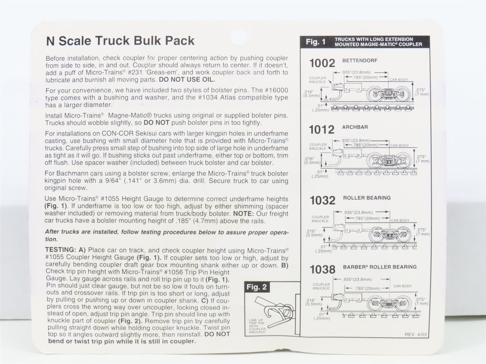 N Micro-Trains MTL 1038-10 Ten Pairs of Barber Roller Bearing Trucks w/ Coupler