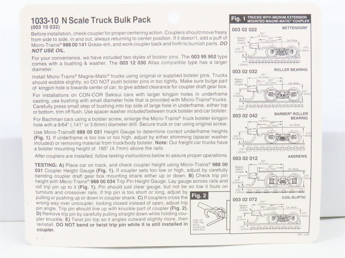 N Micro-Trains MTL 1033-10 Ten Pairs of Roller Bearing Trucks w/ RDA Coupler