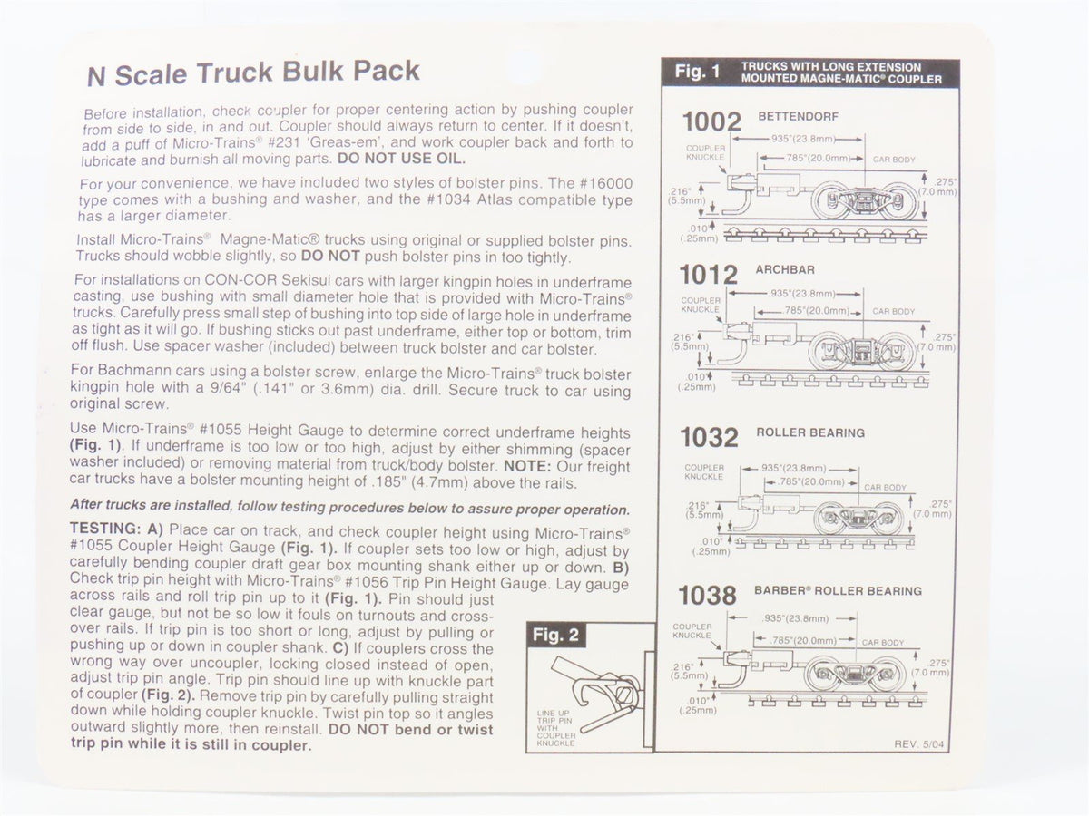 N Micro-Trains MTL 1038-10 Ten Pairs of Barber Roller Bearing Trucks w/ Coupler