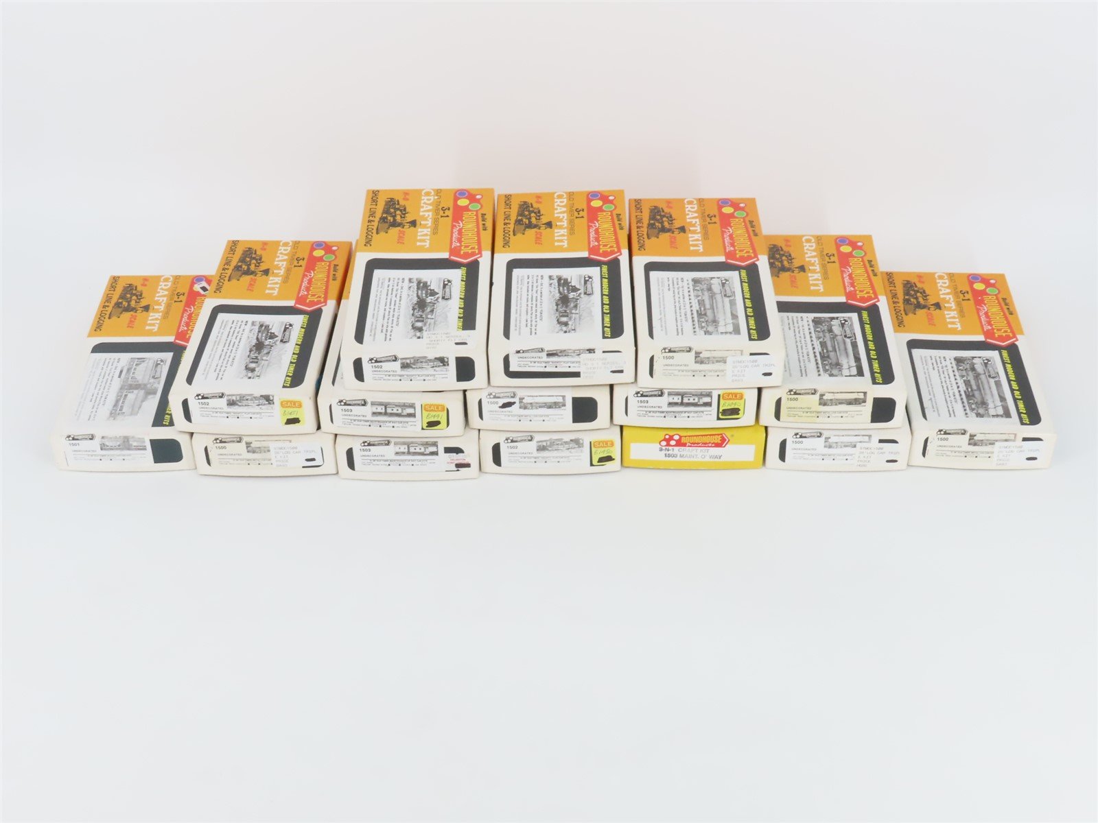 LOT of 15 HO Scale Roundhouse Kits Old Timer Flat Car, MOW, Wood Chip Car