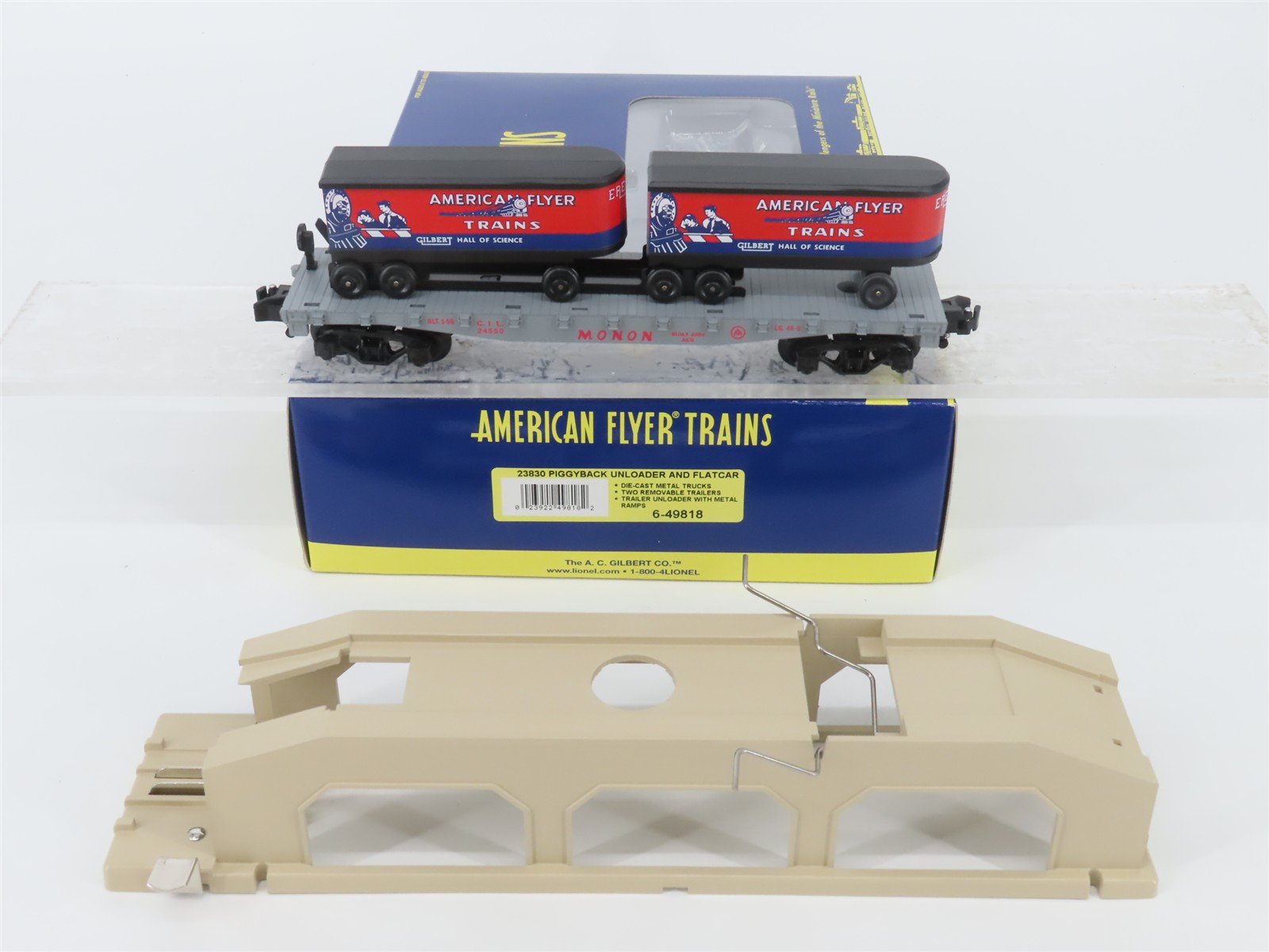 S Scale American Flyer 6-49818 CIL Monon Piggyback Flat Car #24550 w/ Unloader