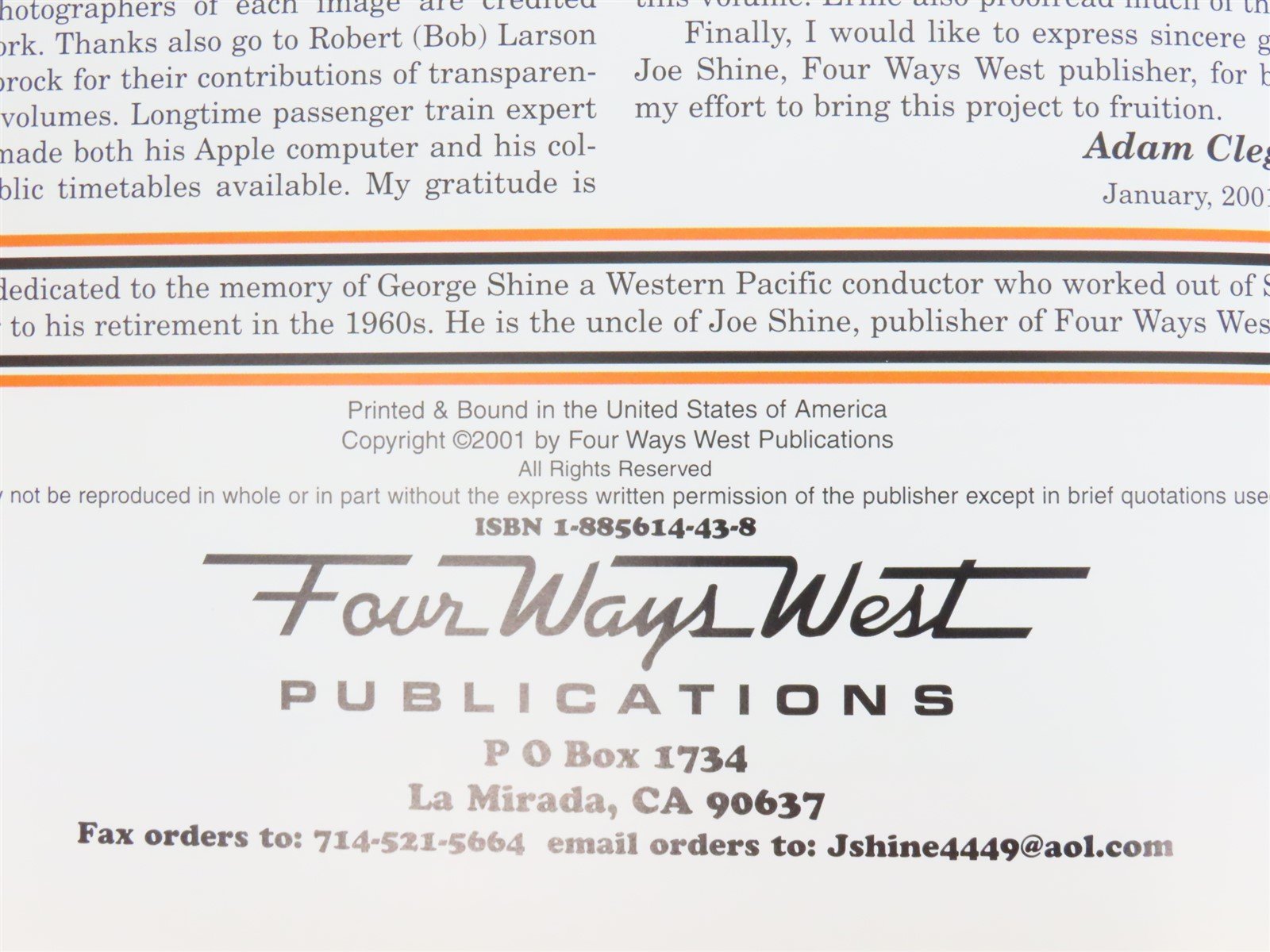 Western Pacific Color Pictorial Volume One by Adam Clegg ©2001 HC Book