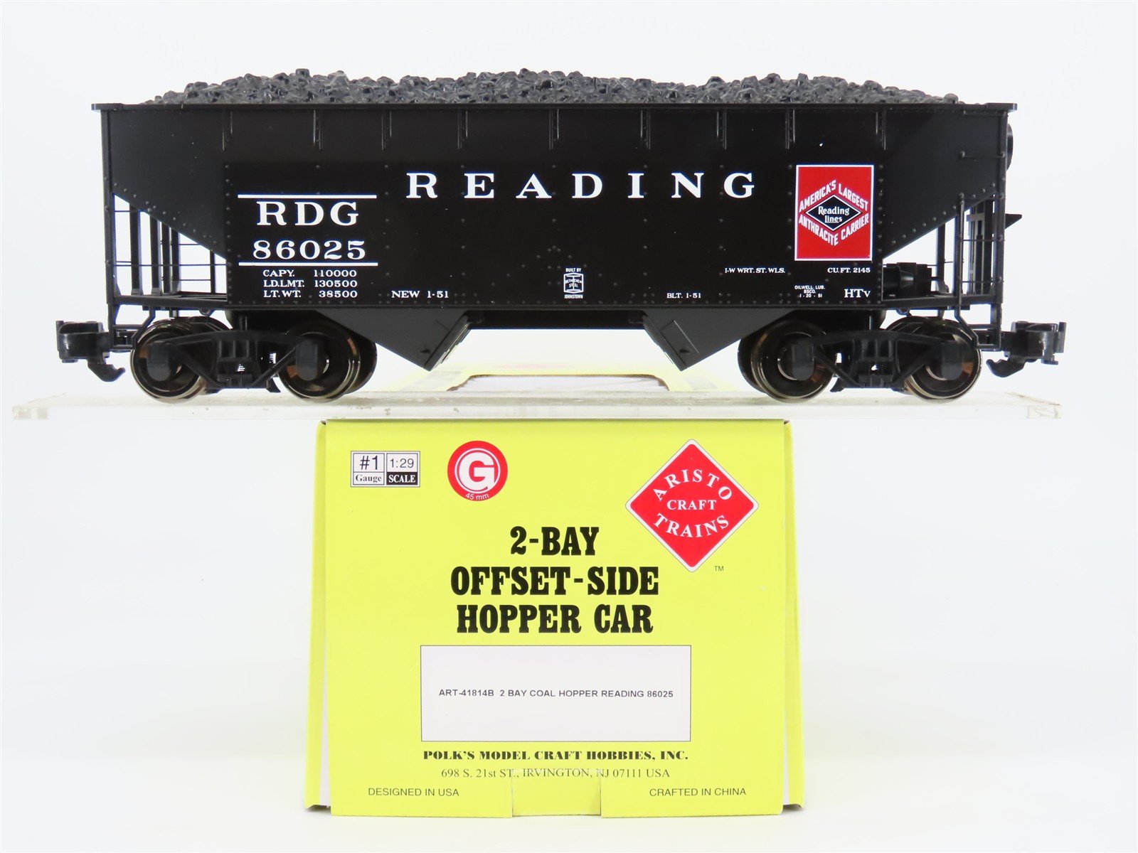 G Scale Aristo-Craft ART-41814B RDG Reading 2-Bay Hopper #86025 w/Coal Load