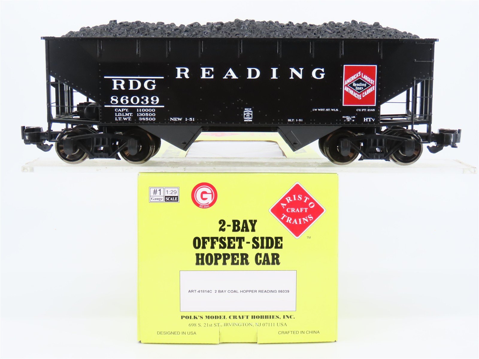 G Scale Aristo-Craft ART-41814C RDG Reading 2-Bay Hopper #86039 w/Coal Load