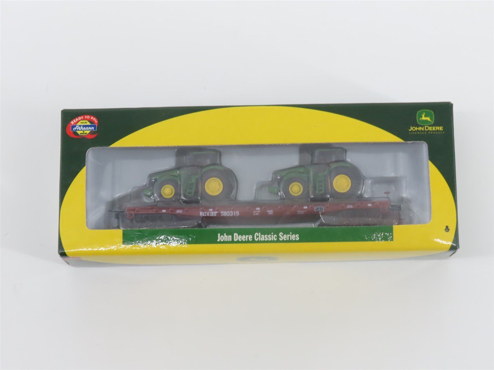 N Scale Athearn 10443 BNSF 53' Flat Car #585315 w/ John Deere Tractors Load