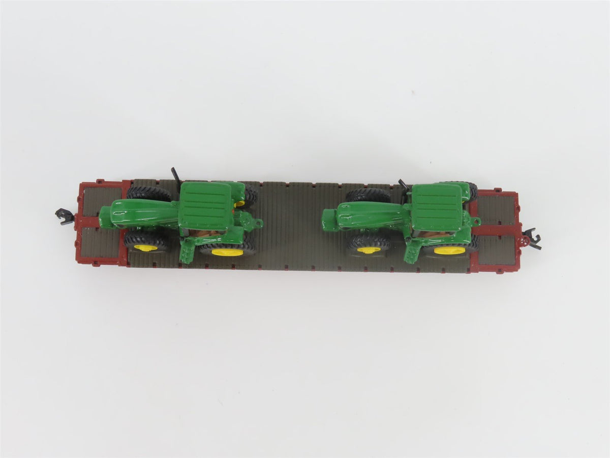 N Scale Athearn 10443 BNSF 53&#39; Flat Car #585315 w/ John Deere Tractors Load