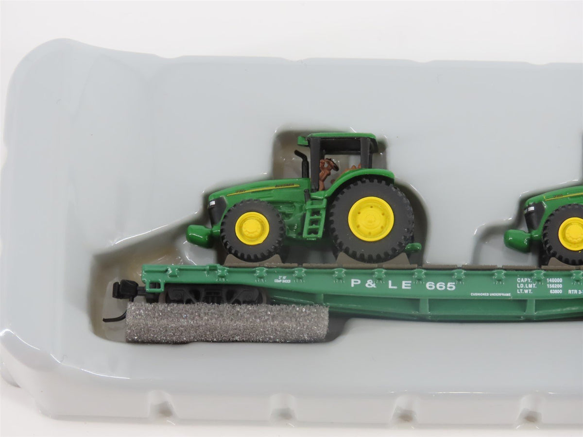 N Scale Athearn 10448 P&amp;LE 53&#39; Flat Car #665 w/ John Deere Tractors Load