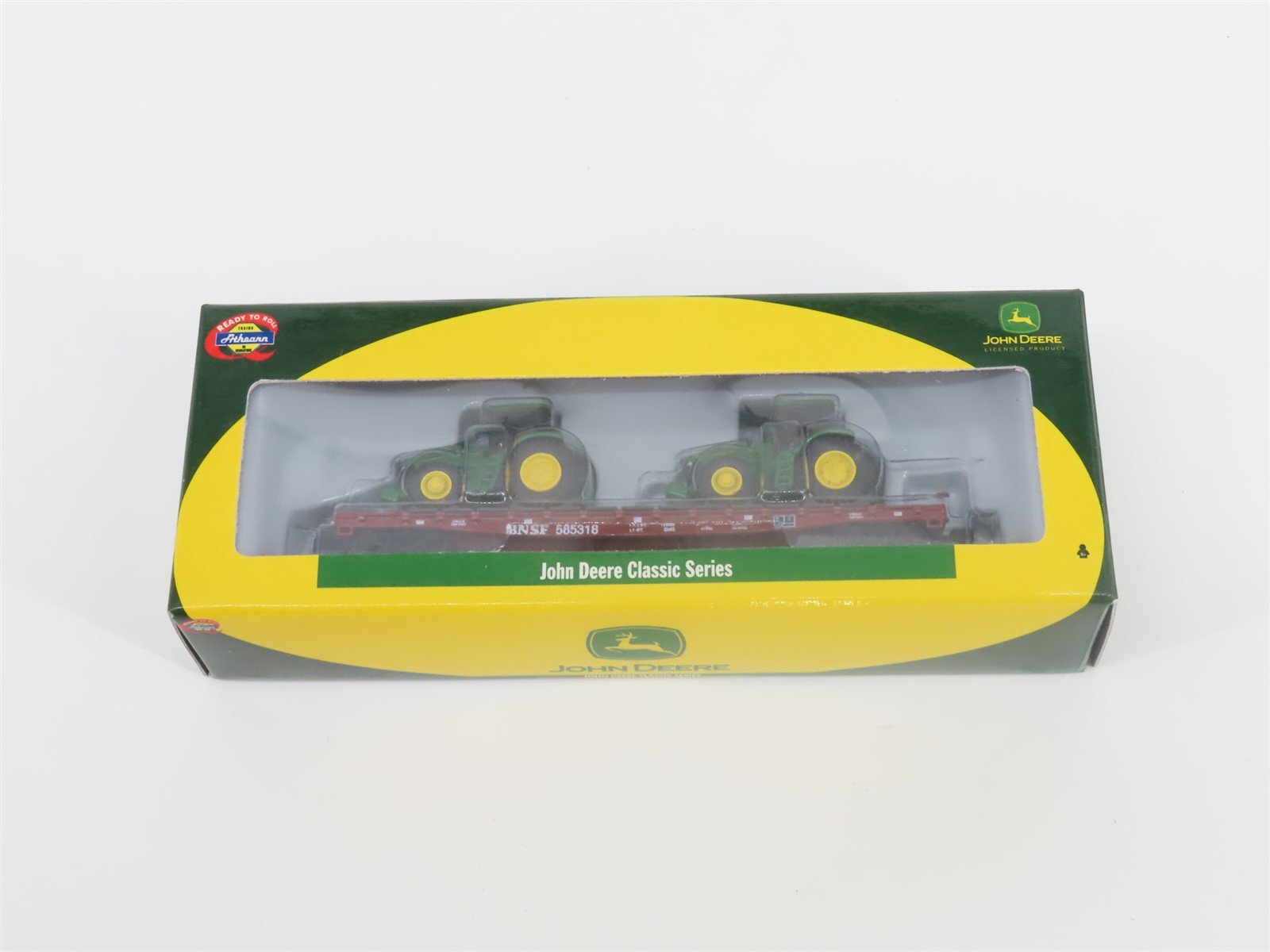 N Scale Athearn 10444 BNSF 53' Flat Car #585318 w/ John Deere Tractors Load