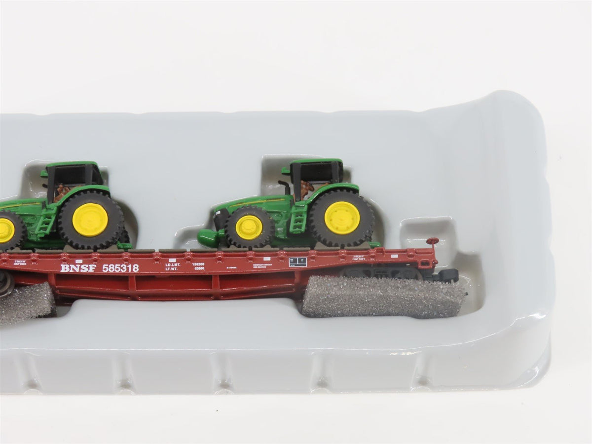 N Scale Athearn 10444 BNSF 53&#39; Flat Car #585318 w/ John Deere Tractors Load