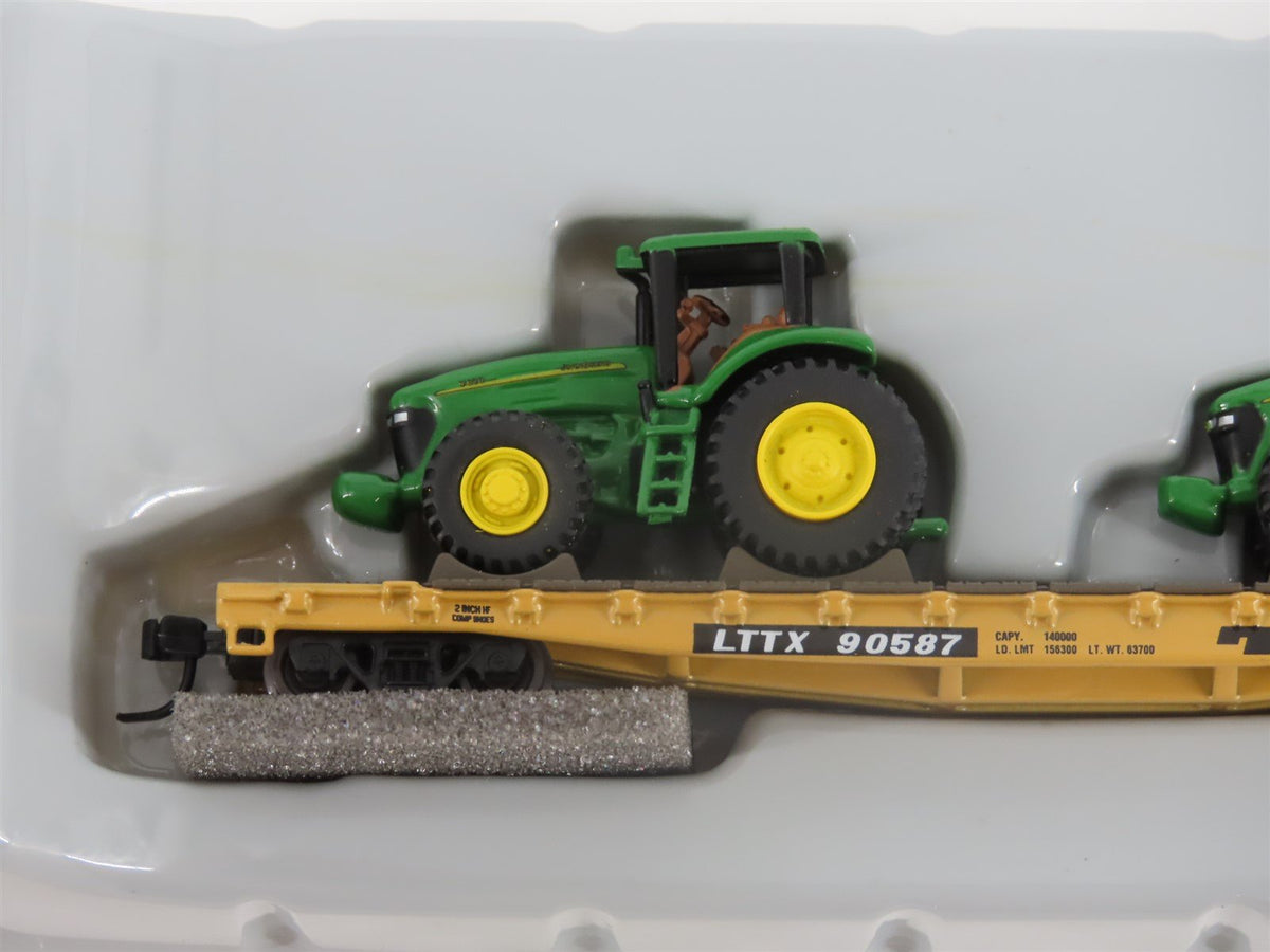 N Scale Athearn 10445 LTTX / TTX 53&#39; Flat Car #90587 w/ John Deere Tractors Load