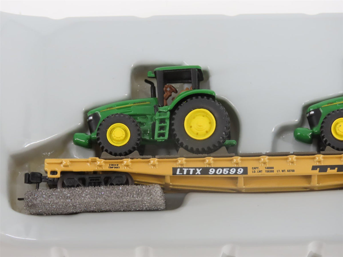 N Scale Athearn 10446 LTTX / TTX 53&#39; Flat Car #90599 w/ John Deere Tractors Load