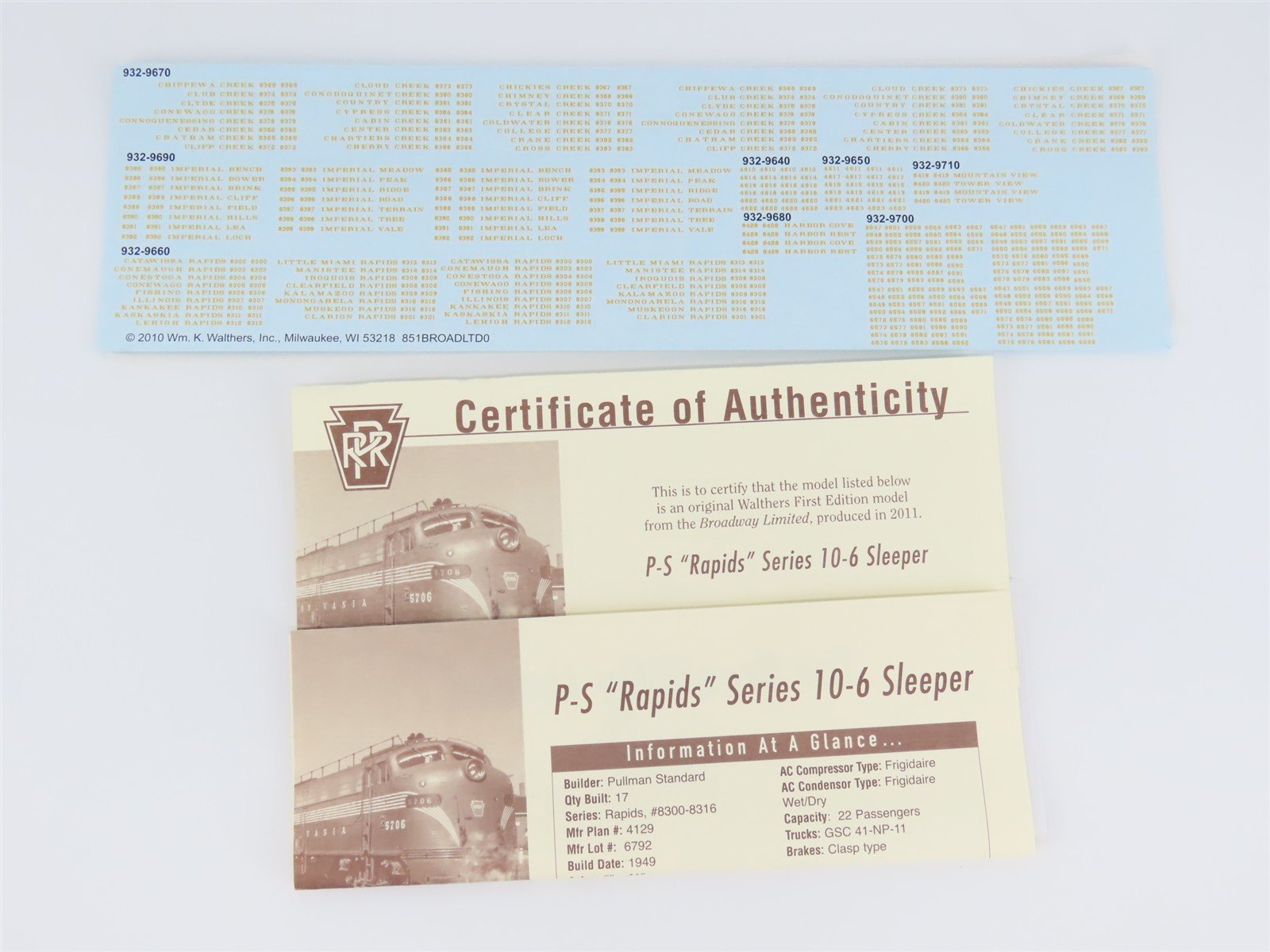 HO Walthers 932-9660 PRR 1953-Era Broadway Limited PS 10-6 Sleeper Passenger Car