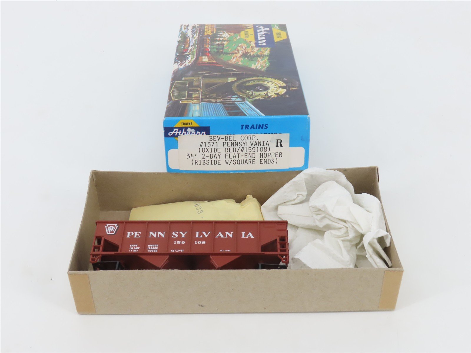 HO Scale Athearn Bev-Bel Kit 1371 PRR Pennsylvania 34' 2-Bay Hopper #159108