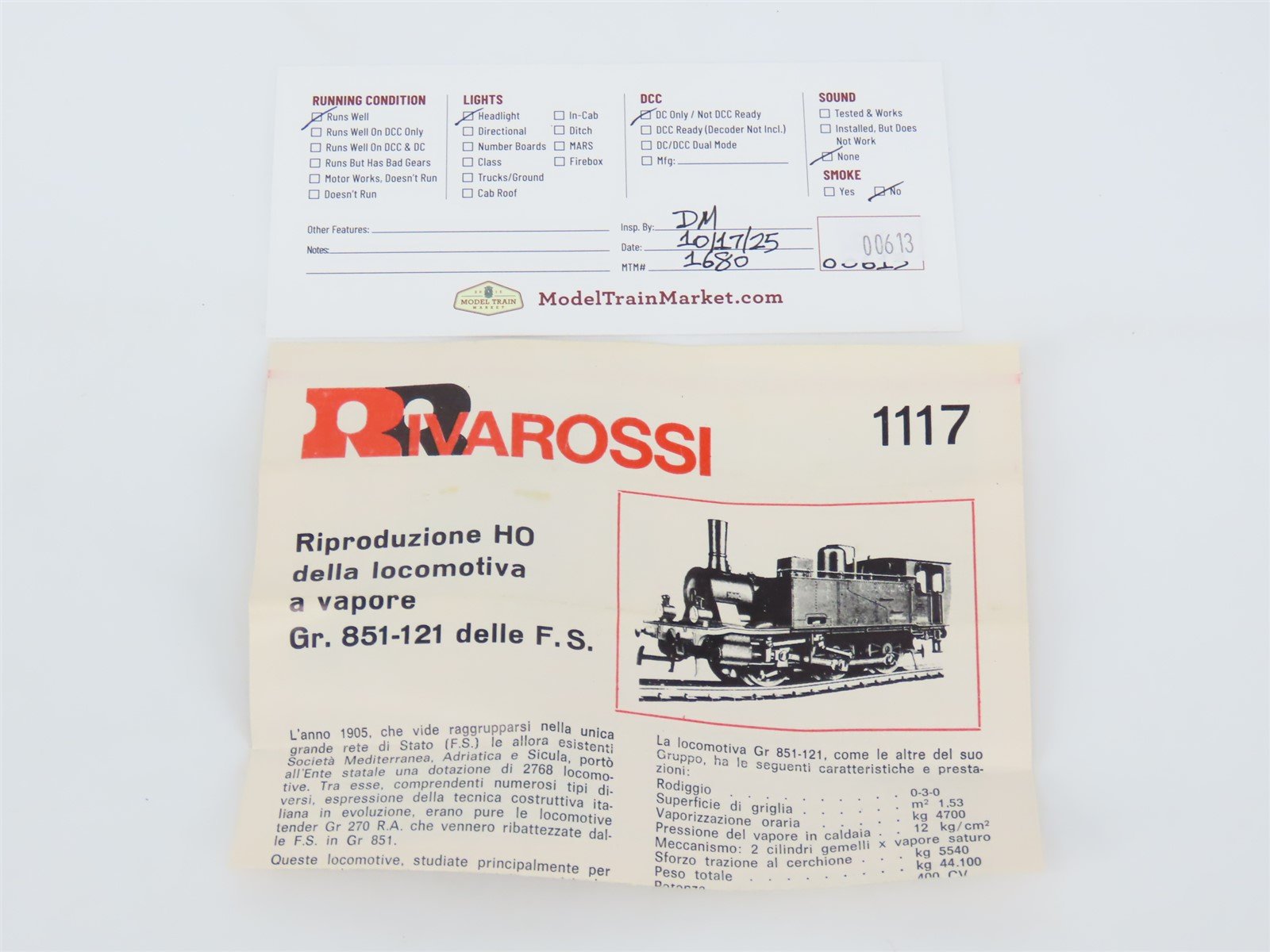 HO Scale Rivarossi 1117 Delle F.S. 0-6-0 Steam Locomotive #851.121