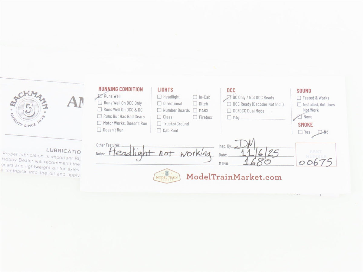 HO Scale Bachmann 51101 UPRR Union Pacific 4-4-0 American Steam #119