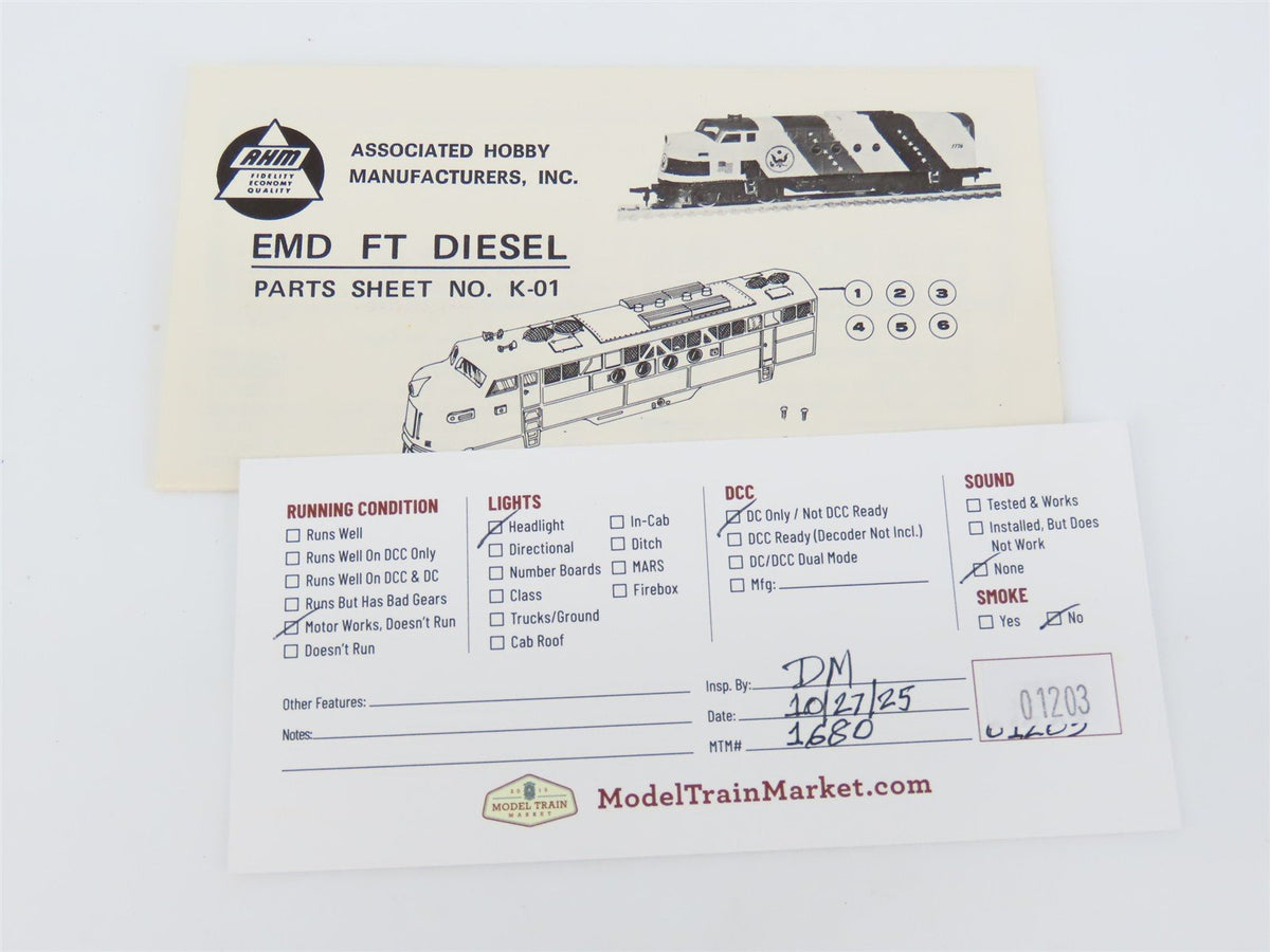 HO Scale AHM 5080D UP Union Pacific FT A Diesel Locomotive #1234