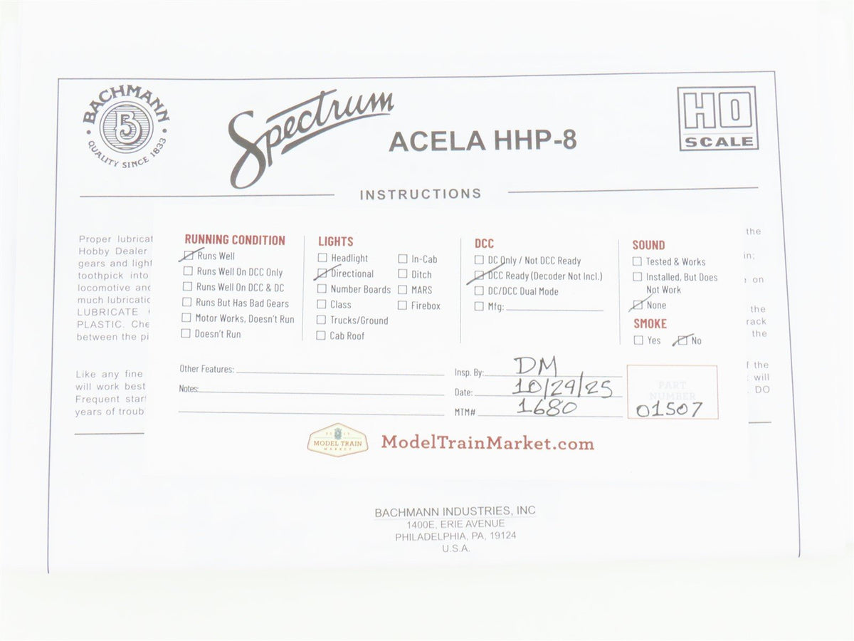 HO Bachmann Spectrum 83005 AMTK Amtrak Acela HHP-8 Electric #664 - DCC Ready
