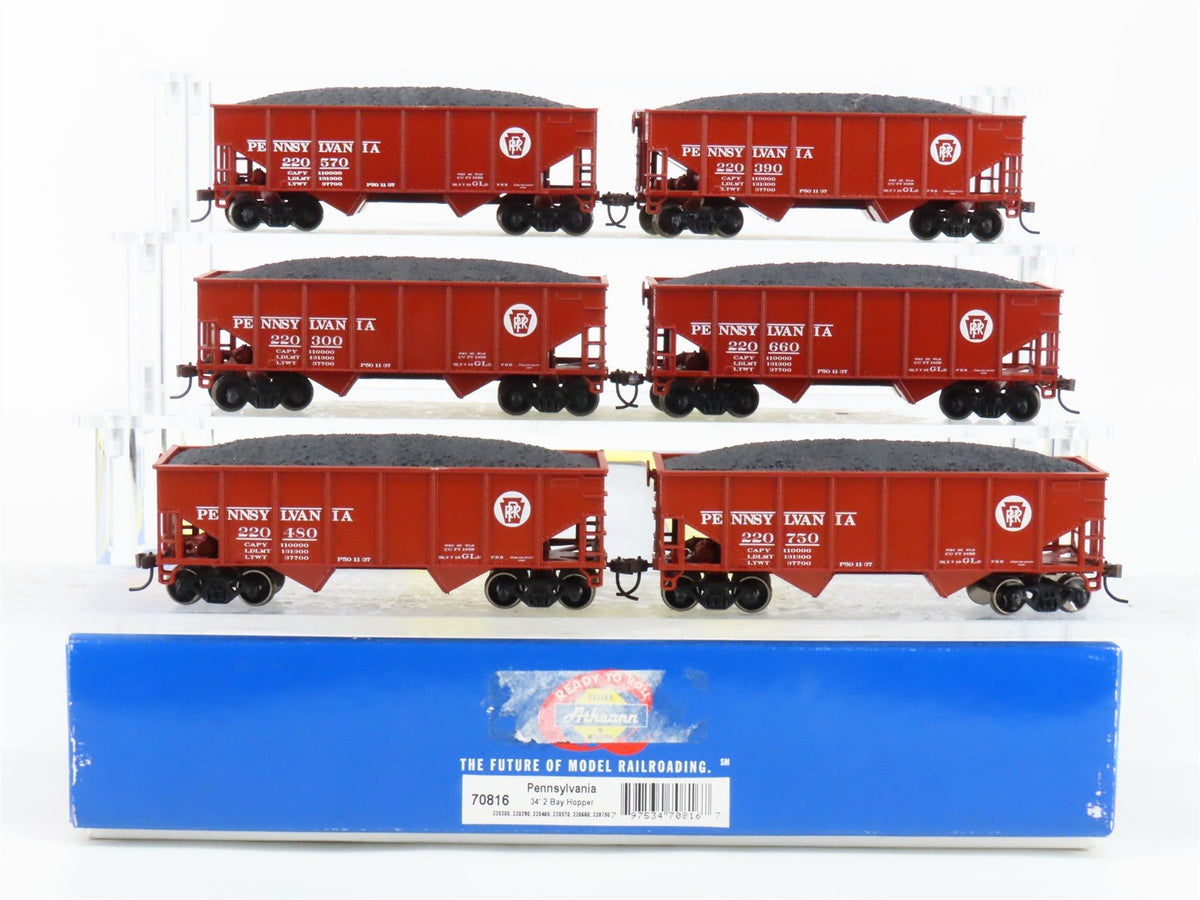 HO Scale Athearn 70816 PRR Pennsylvania 34&#39; 2-Bay Hopper w/ Load (6-Pack)