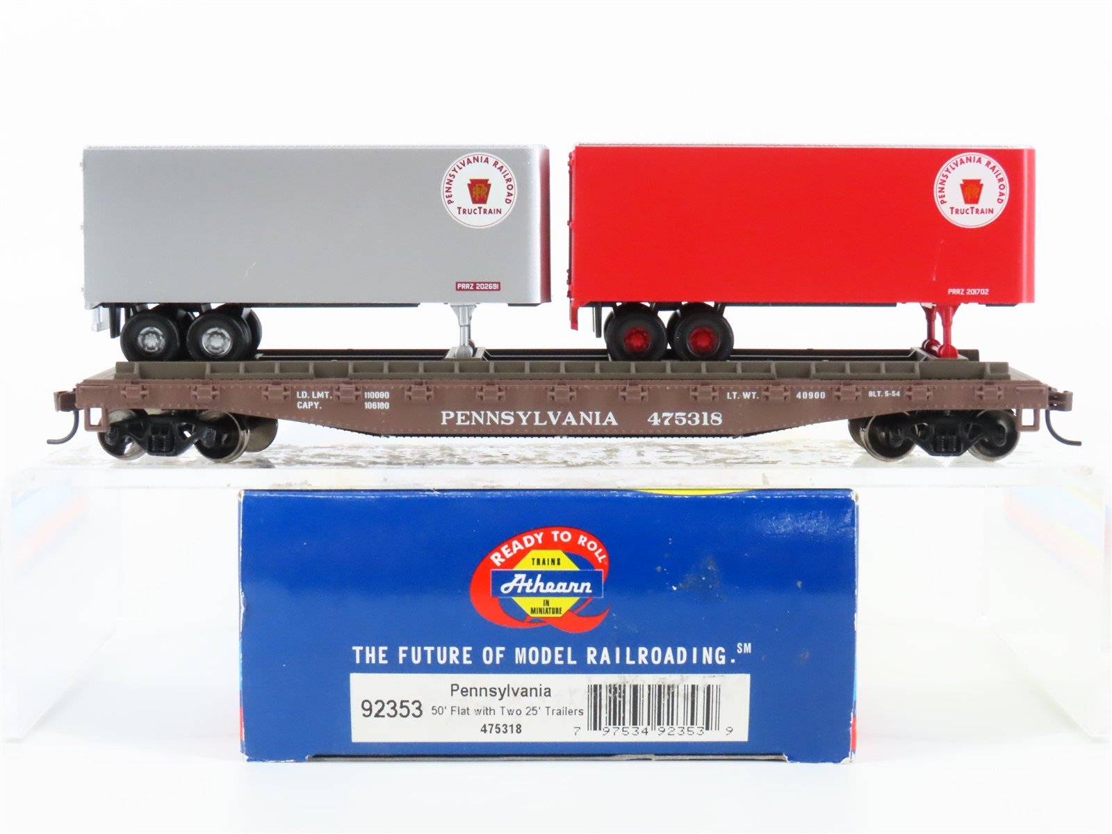 HO Scale Athearn 92353 PRR Pennsylvania 50' Flat Car #475318 w/ 2 25' Trailers