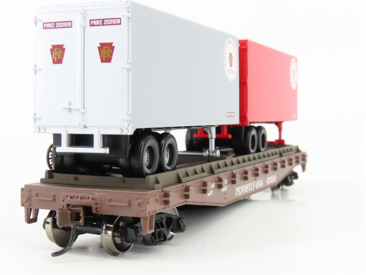 HO Scale Athearn 92353 PRR Pennsylvania 50&#39; Flat Car #475318 w/ 2 25&#39; Trailers