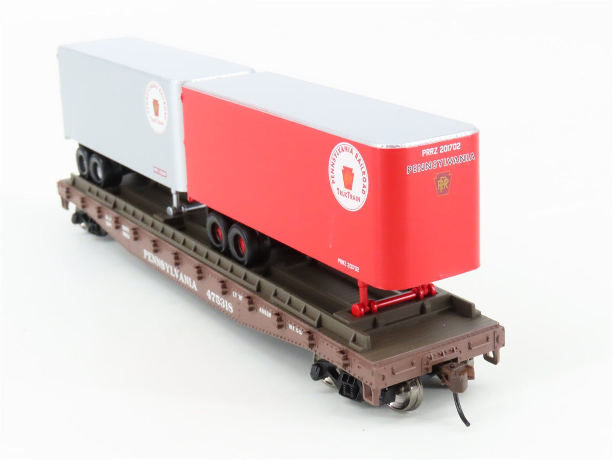 HO Scale Athearn 92353 PRR Pennsylvania 50&#39; Flat Car #475318 w/ 2 25&#39; Trailers