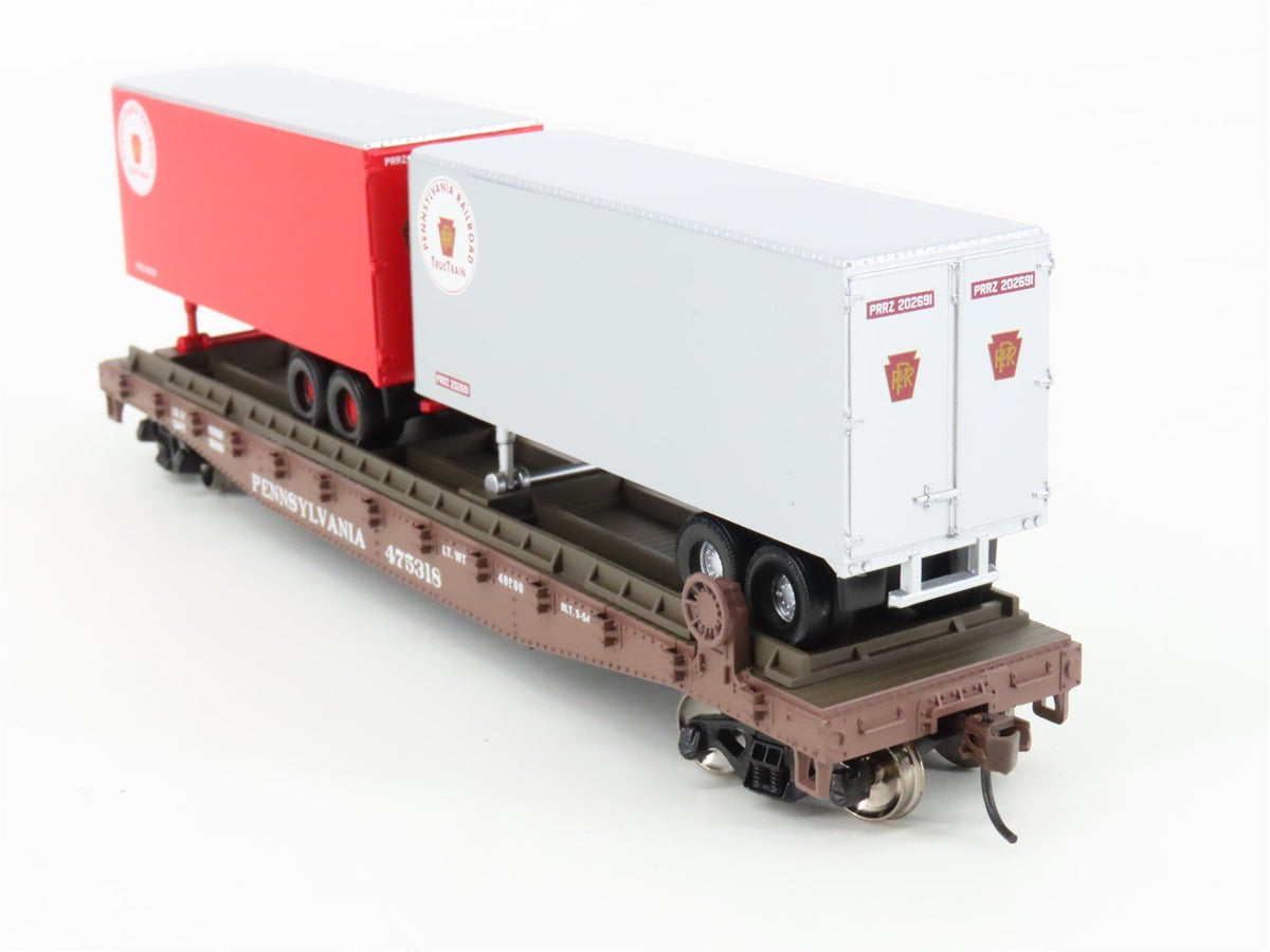 HO Scale Athearn 92353 PRR Pennsylvania 50&#39; Flat Car #475318 w/ 2 25&#39; Trailers