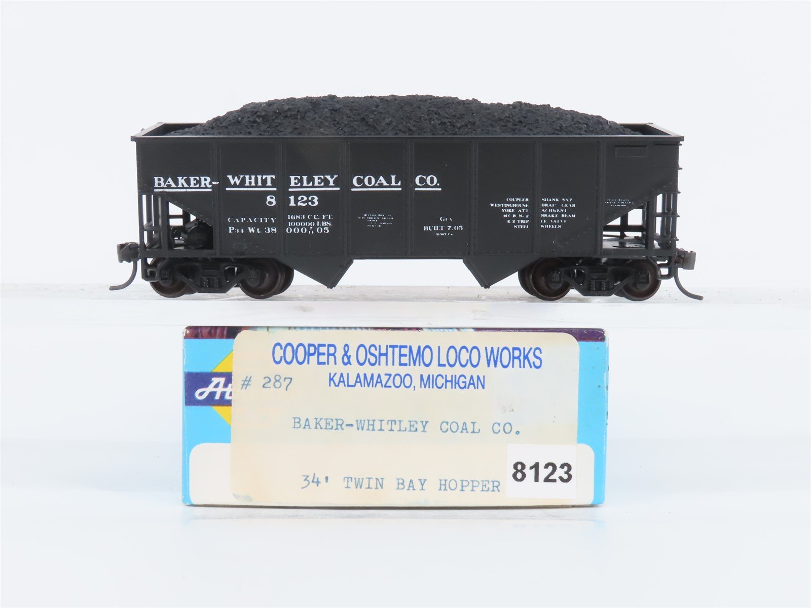 HO Scale Athearn Cooper & Oshtemo 287 BWCC Baker Whitley Coal 2-Bay Hopper #8123