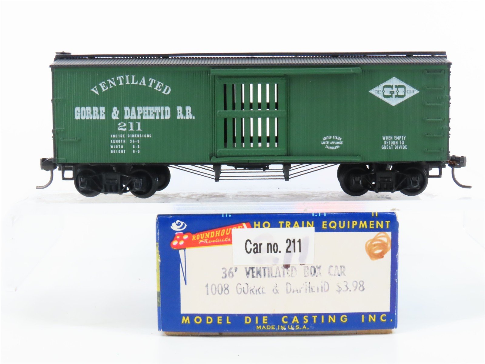 HO Scale Roundhouse MDC 1008 GD Gorre & Daphetid 36' Ventilated Box Car #211