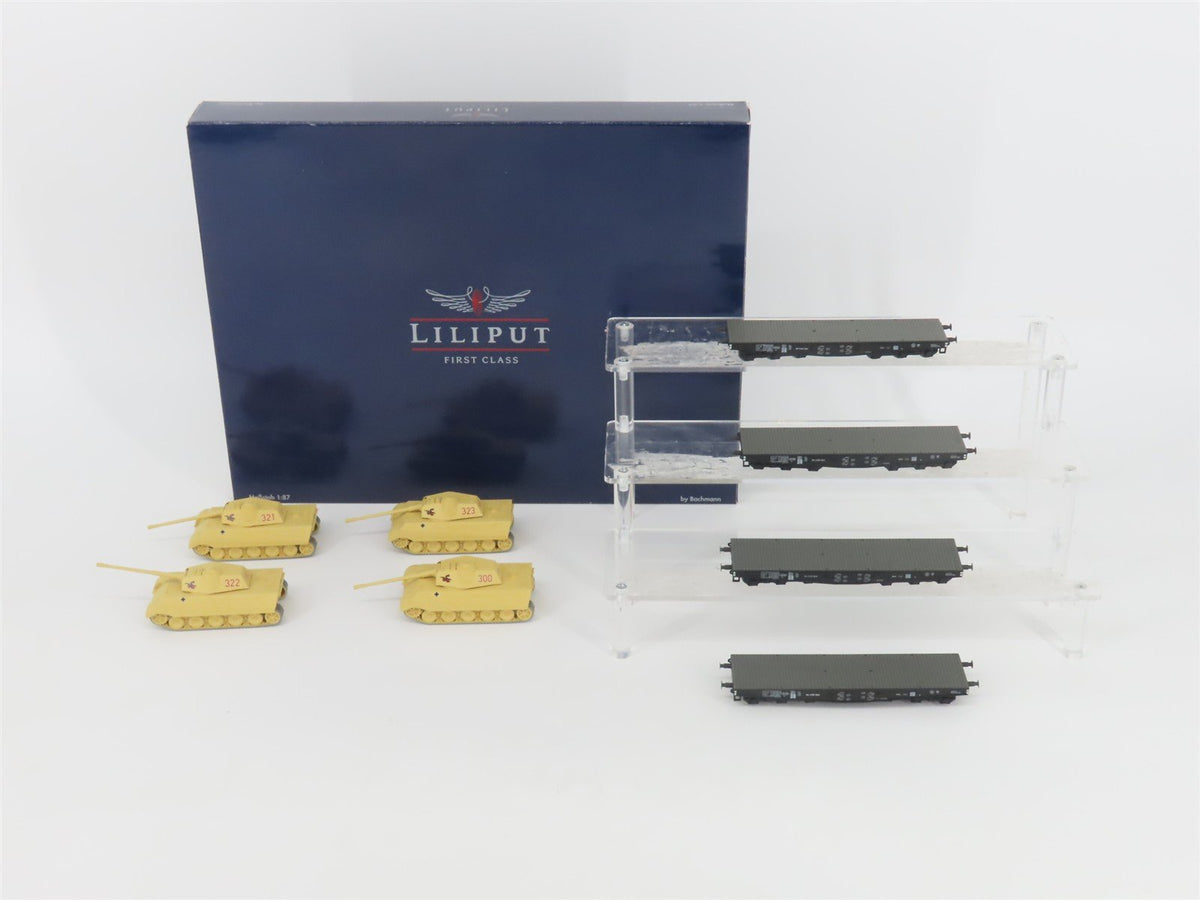 HO Liliput L240003 DR Deutsche Reichsbahn Flat Cars w/ Tiger Tanks Set of 4