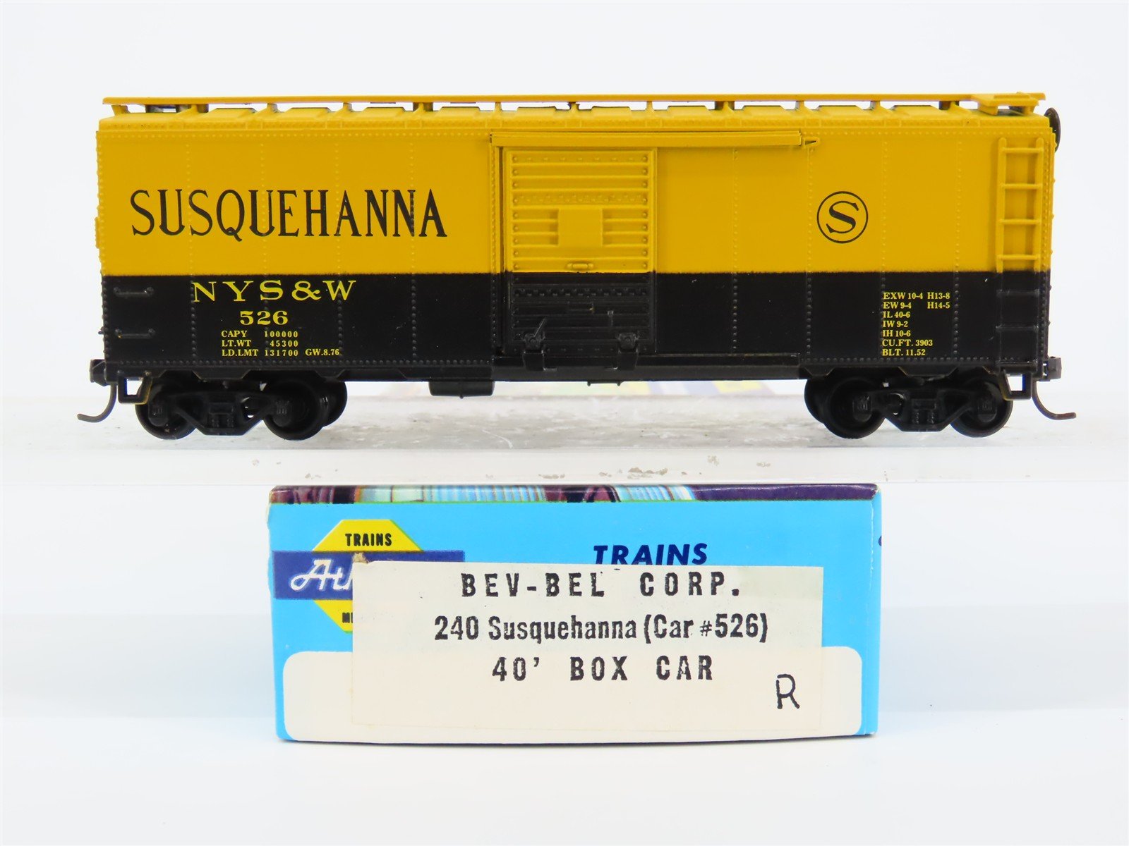 HO Scale Athearn Bev-Bel 240 NYS&W Susquehanna 40' Single Door Box Car #526