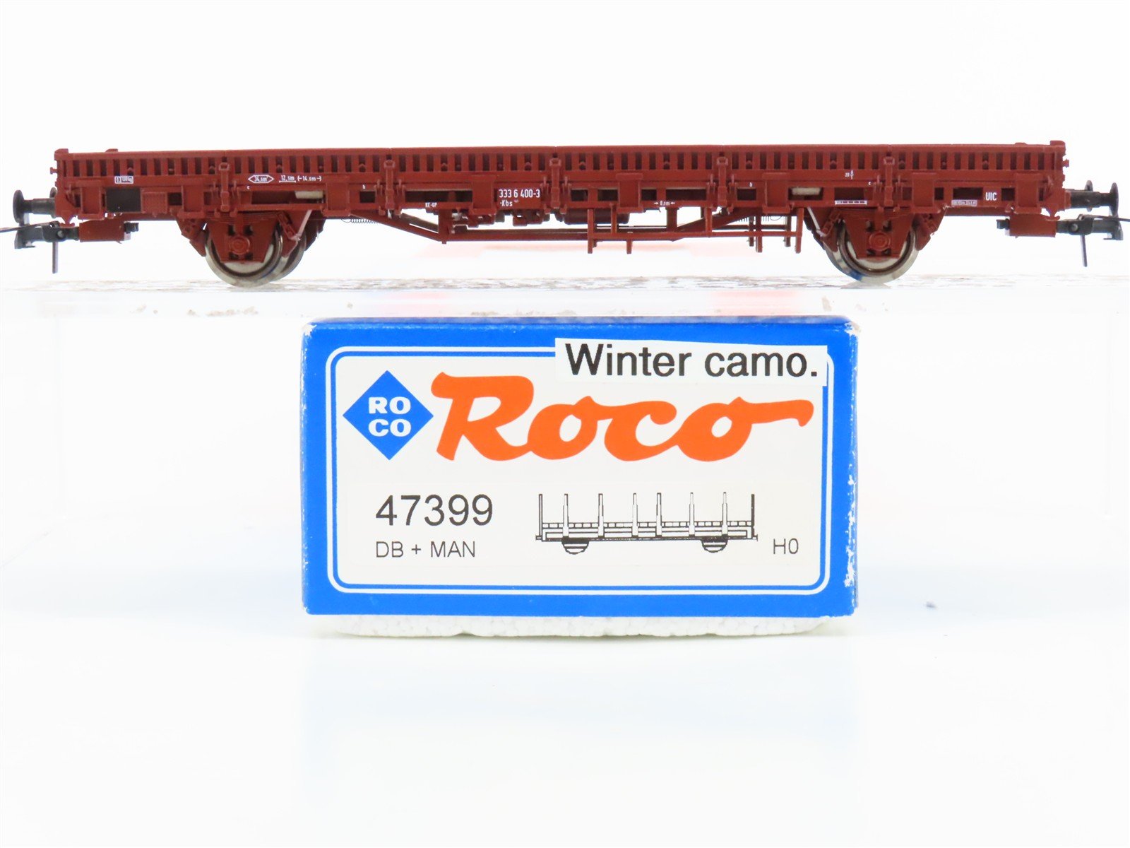 HO Scale Roco 47399 DB Deutsche Bahn Flat Car w/ Winter Camo Military Vehicle
