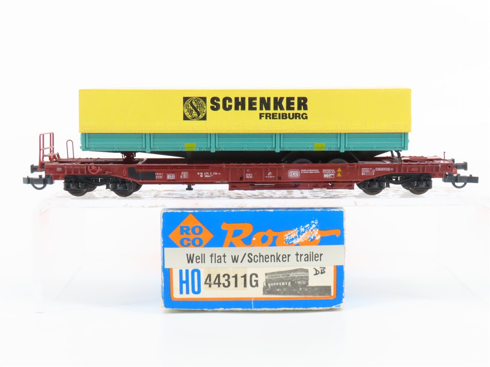 HO Scale Roco 44311G DB Deutsche Bahn Well Flat Car w/ Schenker Trailer