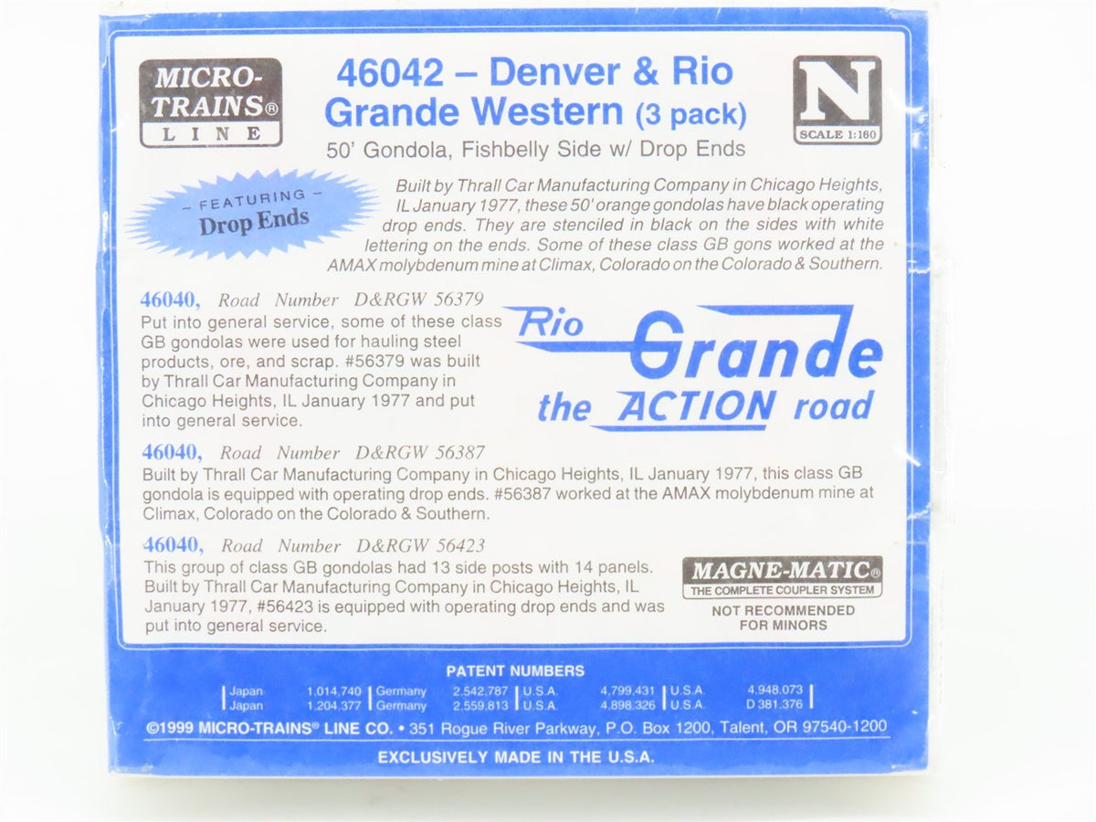 N Micro-Trains MTL 46042 D&amp;RGW Rio Grande 50&#39; Drop-End Gondolas 3-Pack - SEALED