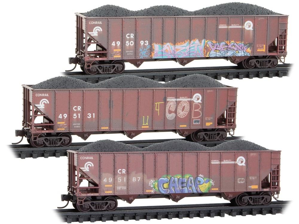 N Micro-Trains MTL 98305103 CR Conrail 3-Bay Hoppers 3-Pack w/ Load & Graffiti