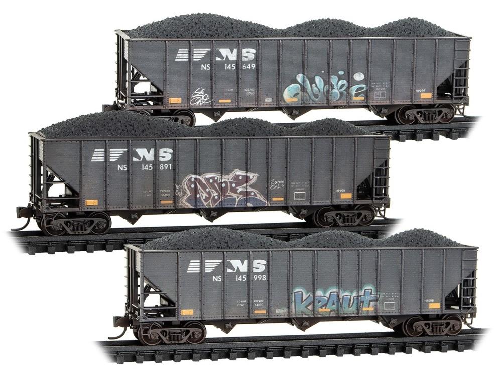 N Scale Micro-Trains MTL 98305104 NS 3-Bay Hoppers 3-Pack w/ Load & Graffiti